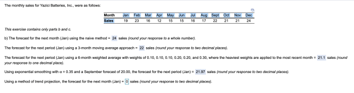 The monthly sales for yazici batteries inc. were as follows